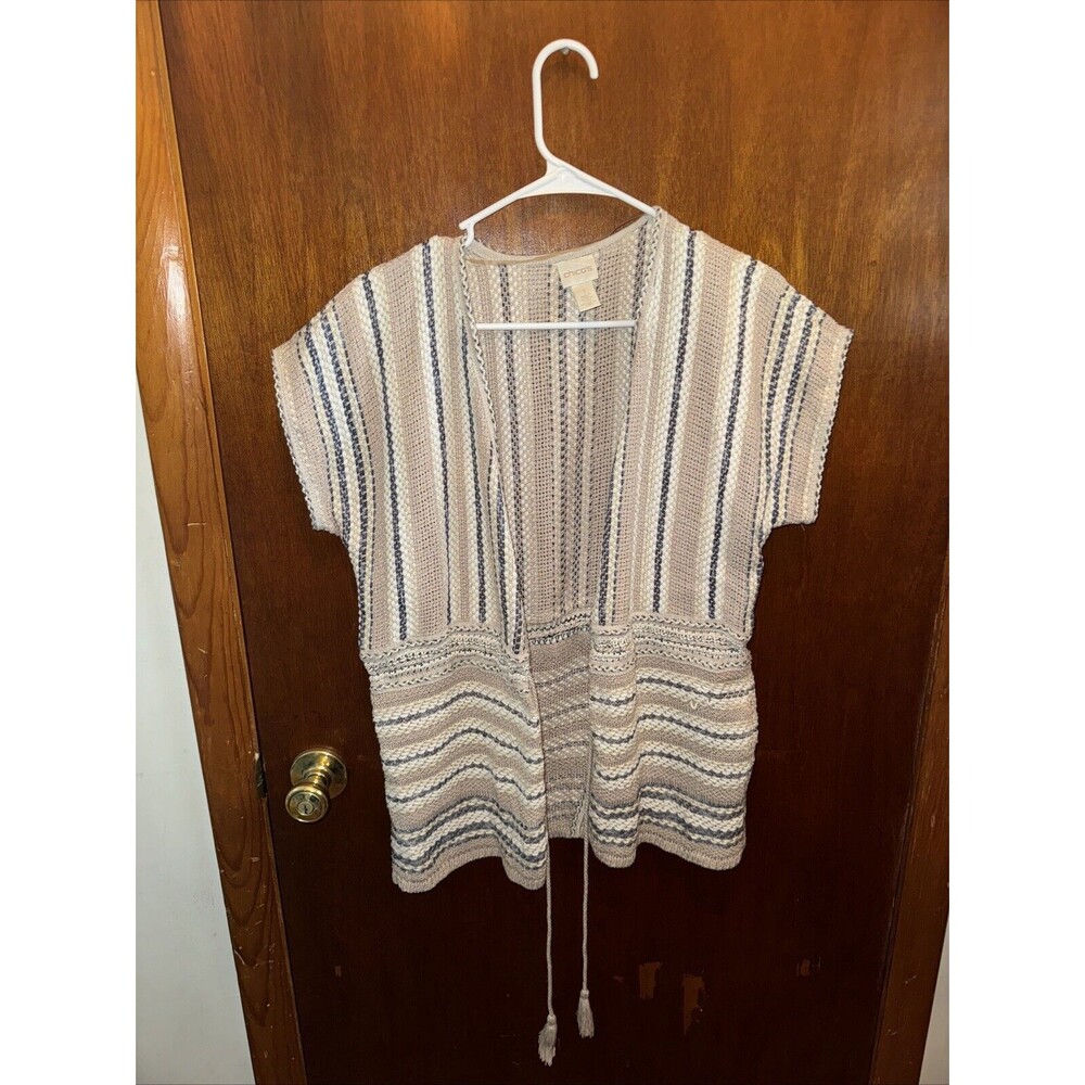 Chicos 1 Womens Cardigan Size Medium  Knit Beige Tie Cinch Waist Short Sleeve